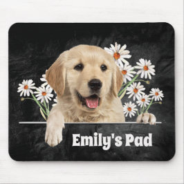 Mousepad Ouro Retriever e margarida no couro preto