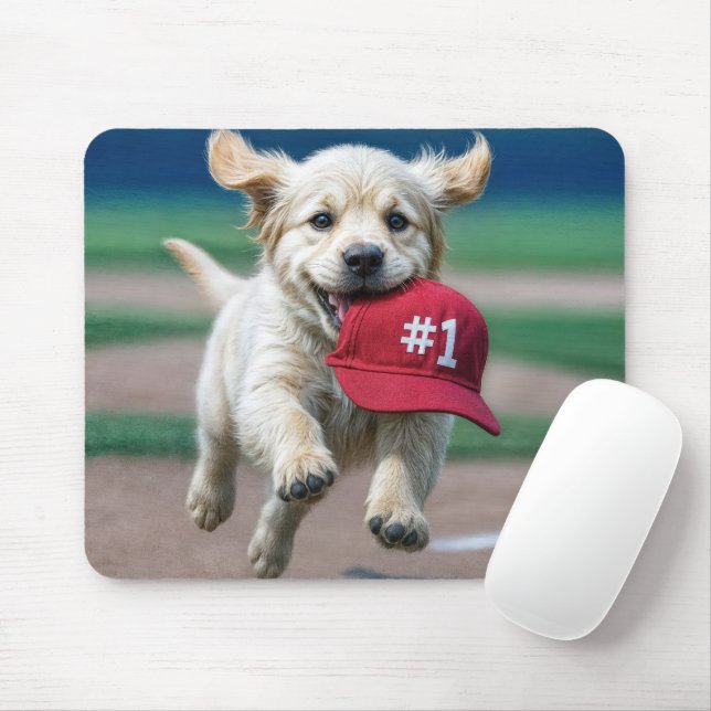 Mousepad Ouro Retriever Puppy Com Boné Red Baseball Nº 1 (Com mouse)