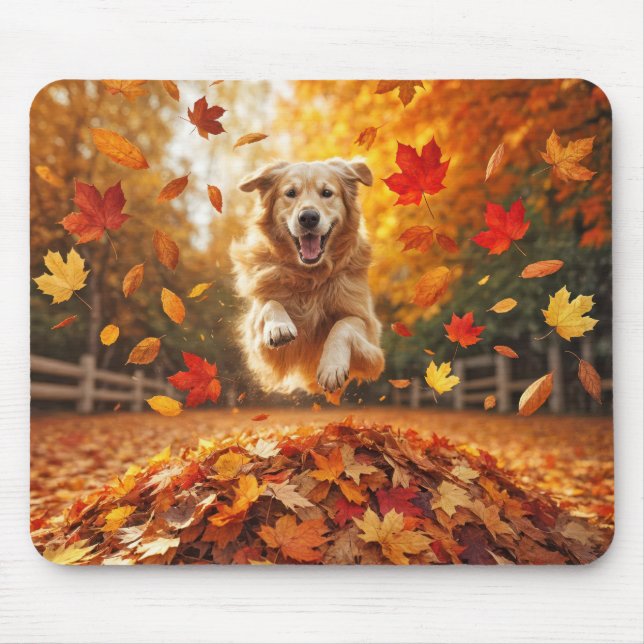 Mousepad Ouro Retriever Saltando Na Pilha De Folha De Outon (Frente)