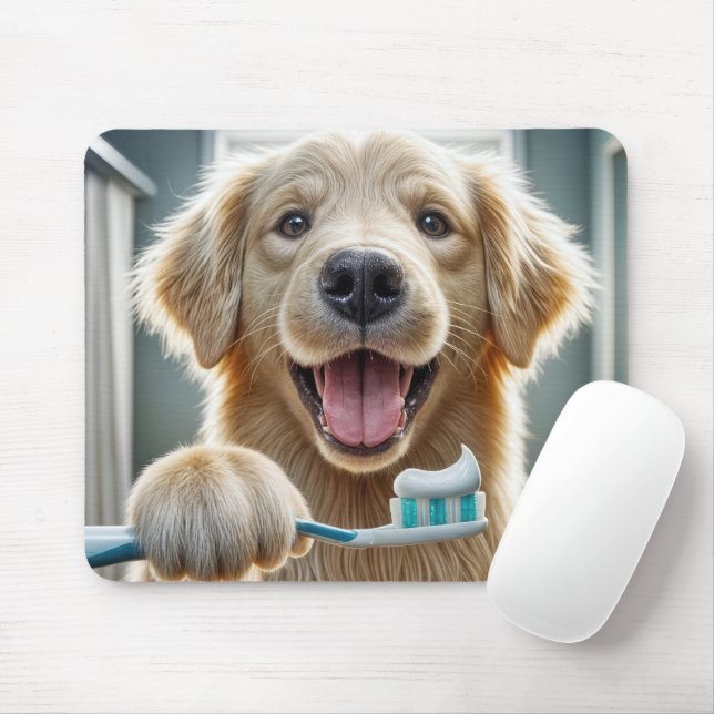 Mousepad Ouro Retriever segurando escova de dentes (Com mouse)