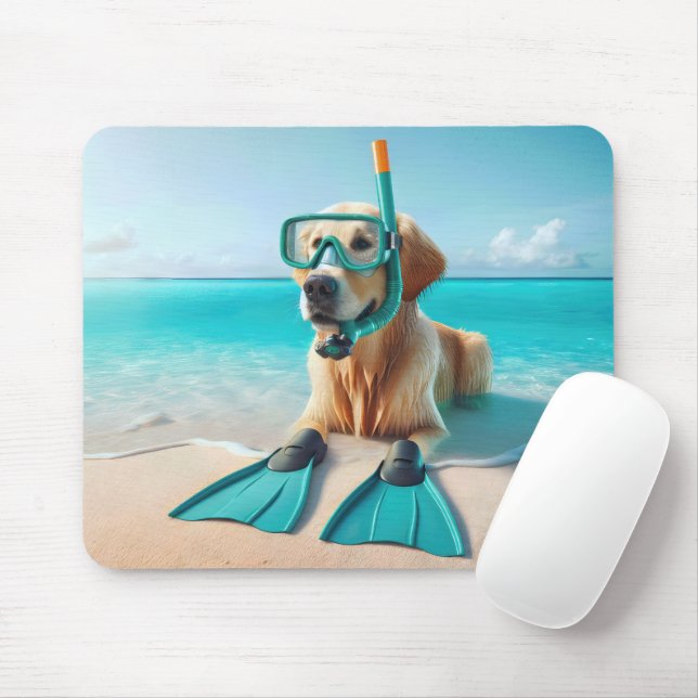 Mousepad Ouro Retriever Vestindo Snorkel e Flippers (Com mouse)