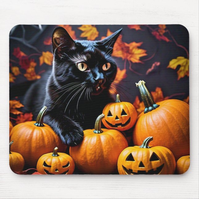 Mousepad Outono Preto Gato e Pumpkins Mouse (Frente)