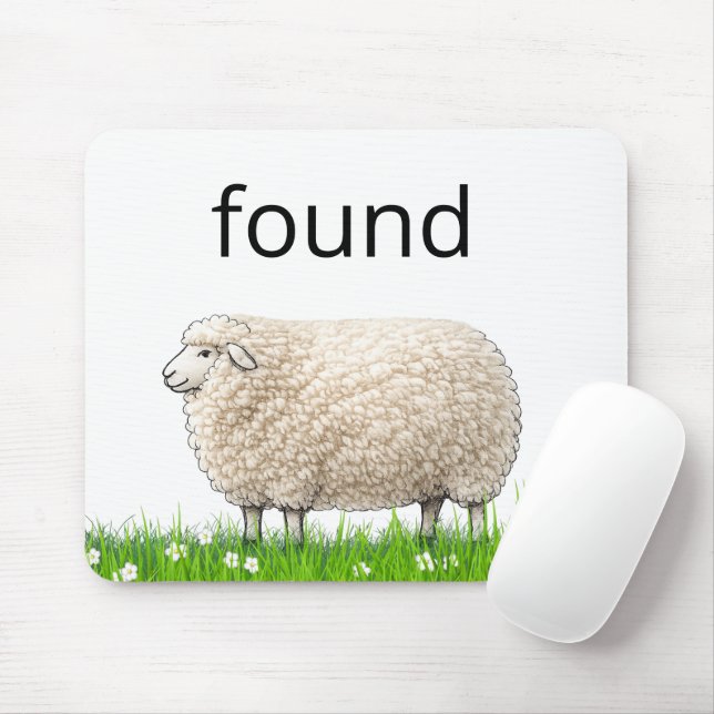 Mousepad Ovelha Lanosa na Grama com Texto "Encontrado" (Com mouse)