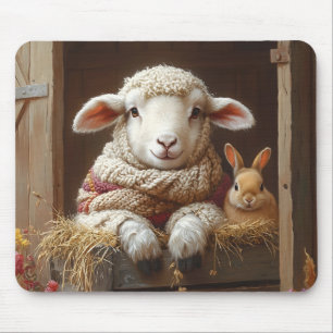 Mousepad Ovelhas e coelhos em celeiro com flores