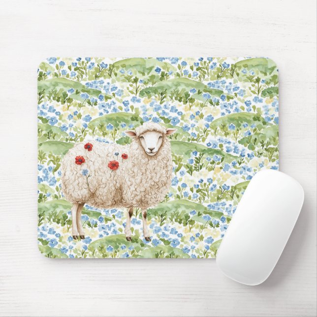 Mousepad Ovelhas Papoulas Vermelhas Campo De Flores Azuis (Com mouse)