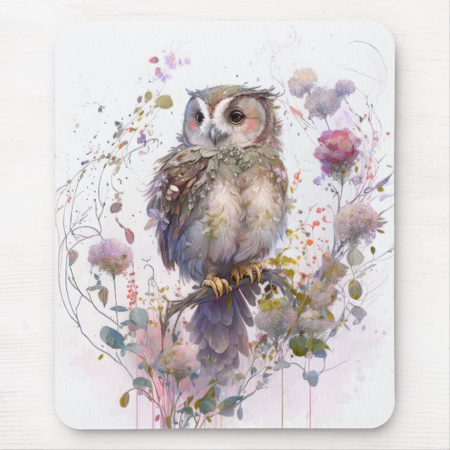 Mousepad Owl Bird Retrait Animal Painting Willife Forest (Frente)