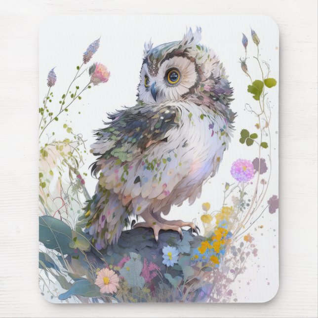 Mousepad Owl Bird Retrait Animal Painting Willife Forest (Frente)