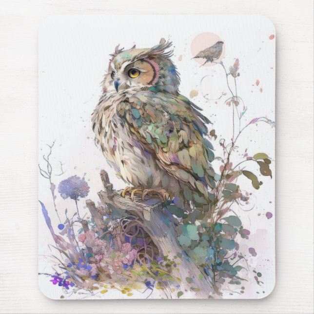 Mousepad Owl Bird Retrait Animal Painting Willife Forest (Frente)