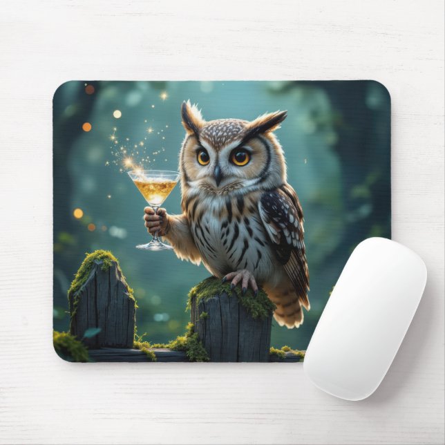 Mousepad Owl Holding a Cocktail In a Mystical Forest (Com mouse)