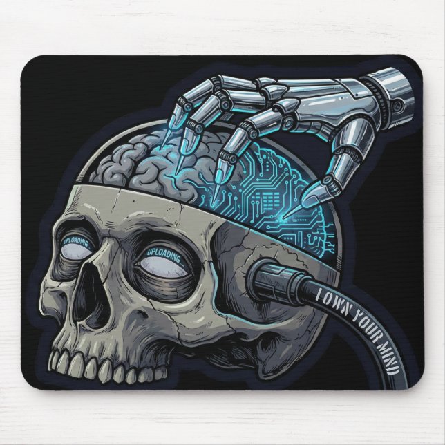 Mousepad Own Your Mind – Cyberpunk Skull Brain Upload (Frente)
