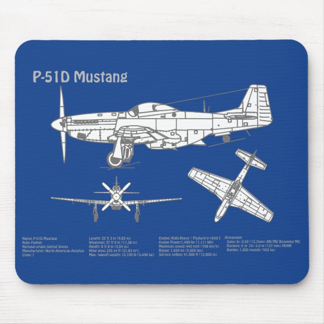 Mousepad P-51D Mustang - Airplane Blueprint ABD (Frente)