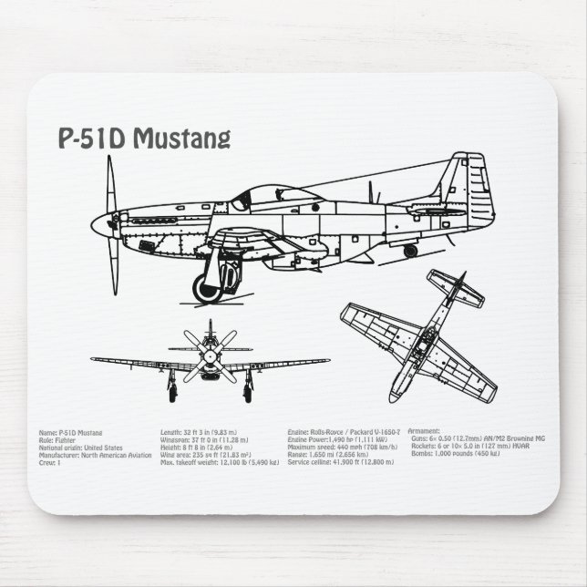 Mousepad P-51D Mustang - Airplane Blueprint BD (Frente)