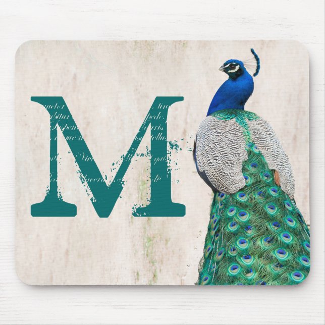 Mousepad Pacock Pird Feather Monograma Inicial Pad (Frente)