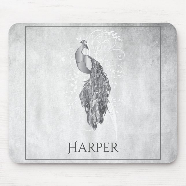 Mousepad Pad de Mouse Personalizado Pavão Elegante Silver (Frente)