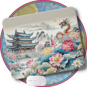 Mousepad PAD DE MOUSE - Um dragão, uma Pagoda e um jardim d