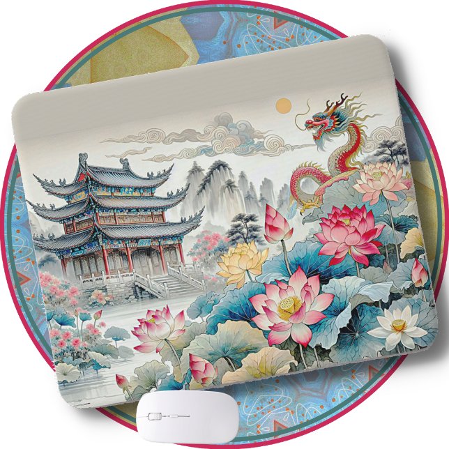 Mousepad PAD DE MOUSE - Um dragão, uma Pagoda e um jardim d (Criador carregado)