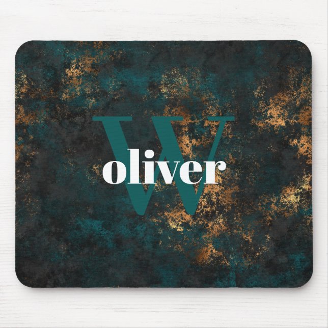 Mousepad Pad de Rato Teal Dourado e Marinho, monograma, mas (Frente)