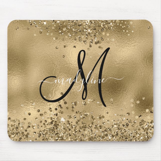 Mousepad Pad do mouse Chic Black Dourado Gliters Monograma  (Frente)