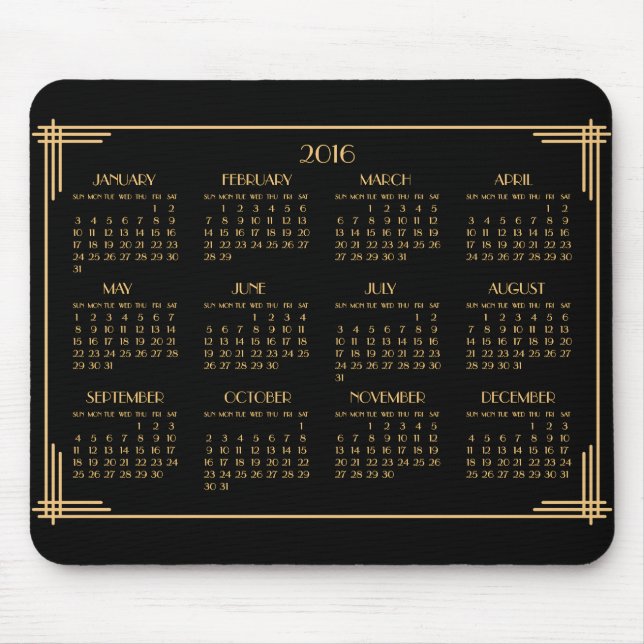 Mousepad Pad do mouse Dourado Art Deco Calendar 2016 (Frente)