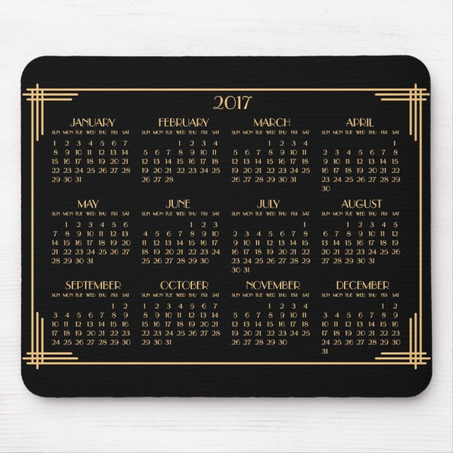 Mousepad Pad do mouse Dourado Art Deco Calendar 2017 (Frente)