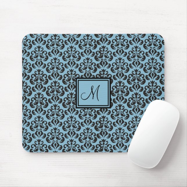 Mousepad Pad do Mouse Monograma com Damasco Azul e Preto (Com mouse)