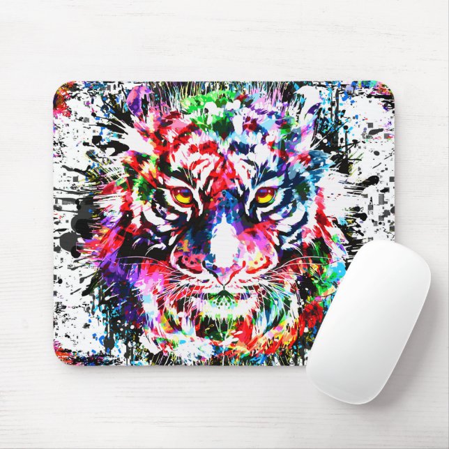 Mousepad Pad do mouse Tiger | Desenho Colorido | Abstrato A (Com mouse)