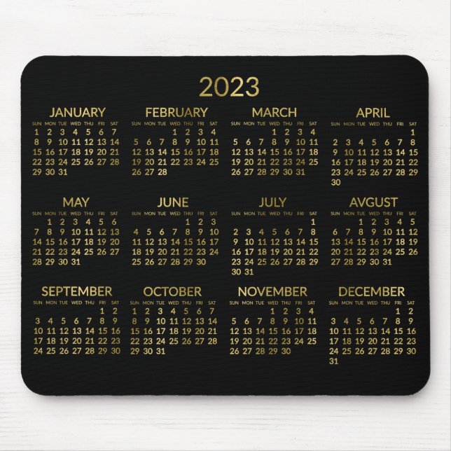 Mousepad Pad Do Rato De Calendário Anual 2023, Preto E Dour (Frente)