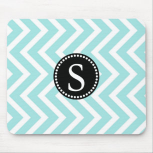 Mousepad Padrão Azul-Aqua e Zigzag Branco Monograma Preto