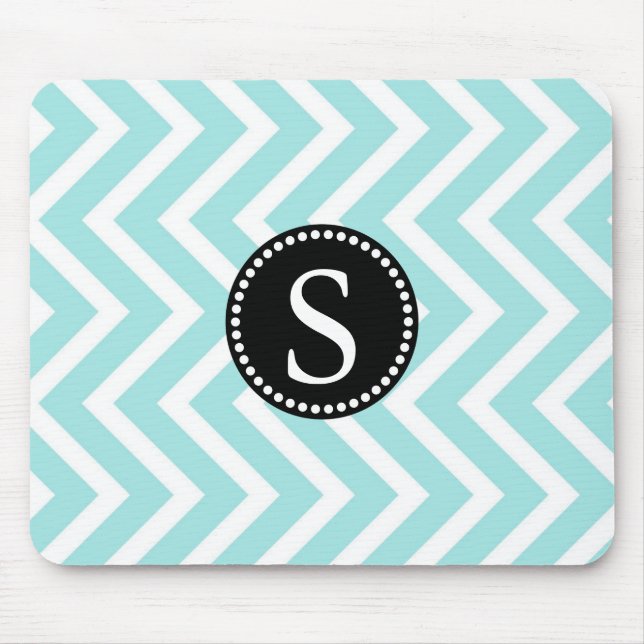 Mousepad Padrão Azul-Aqua e Zigzag Branco Monograma Preto (Frente)