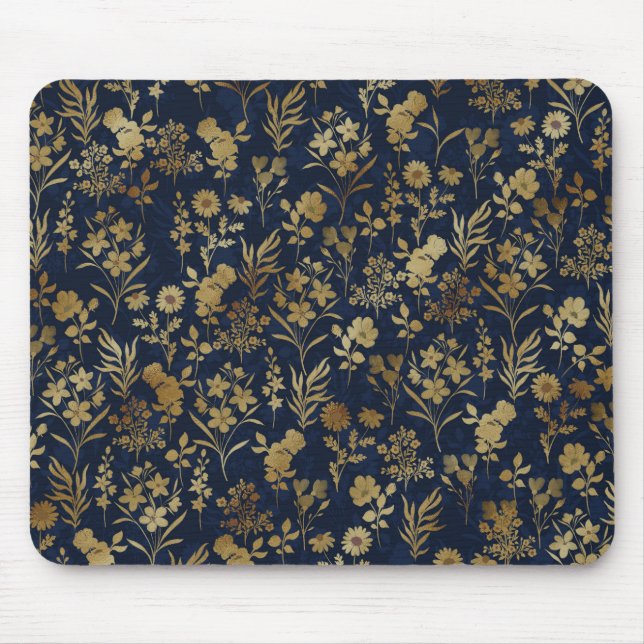 Mousepad Padrão Azul das Flores Douradas Botânicas (Frente)