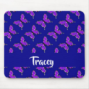 Mousepad Padrão azul de borboletas de nome personalizado