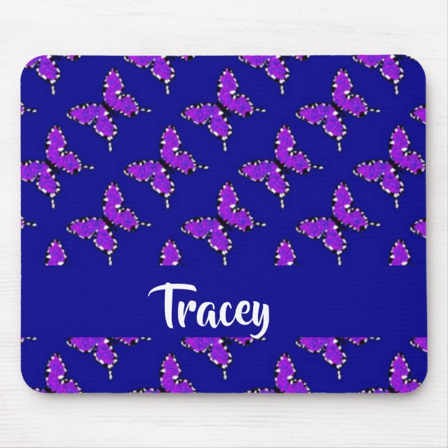 Mousepad Padrão azul de borboletas de nome personalizado (Frente)