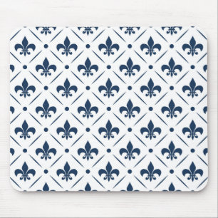 Mousepad Padrão azul escuro Fleur De Lis sobre fundo branco