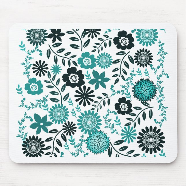 Mousepad Padrão azul-turquesa e verde-azeitona escuro flora (Frente)