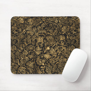 Mousepad Padrão Barroco Floral Dourado em Preto