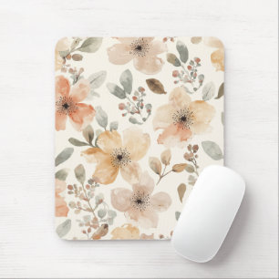 Mousepad Padrão Botânico de Aquarela Floral Bege Pêssego