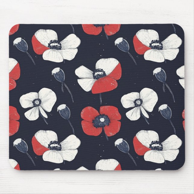 Mousepad Padrão branco de papoula com acentos vermelhos e a (Frente)
