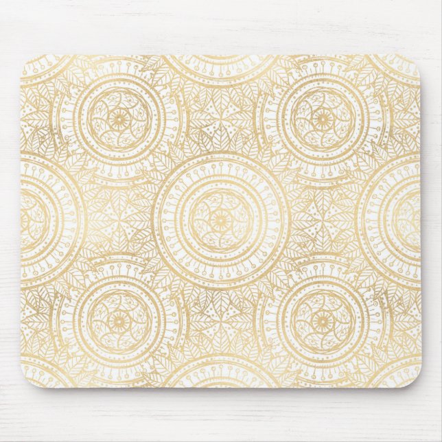 Mousepad Padrão Branco Elegante Dourado de Mandala Girassol (Frente)