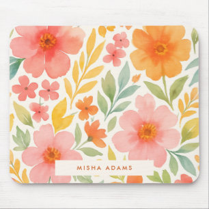 Mousepad Padrão Brilhante Rosa Laranja Floral Aquarela