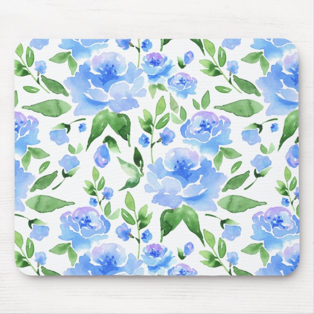 Mousepad Padrão com flores de aquarela azul (Frente)