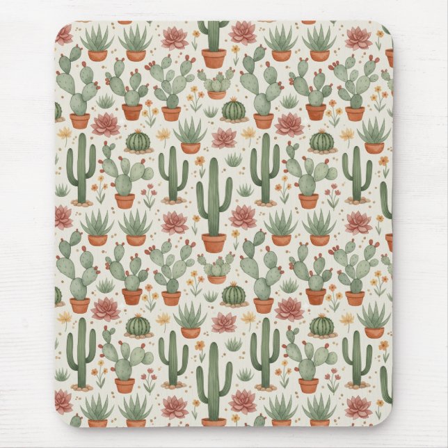 Mousepad Padrão contínuo de cactos suculentos do deserto (Frente)