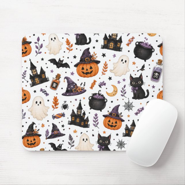 Mousepad Padrão contínuo de Halloween fofo com gatos pretos (Com mouse)