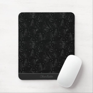 Mousepad Padrão contínuo floral cinza com nome personalizad