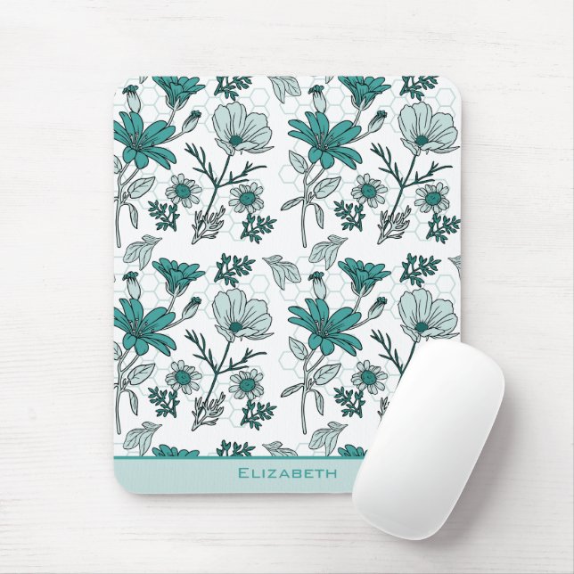 Mousepad Padrão contínuo floral verde com nome personalizad (Com mouse)