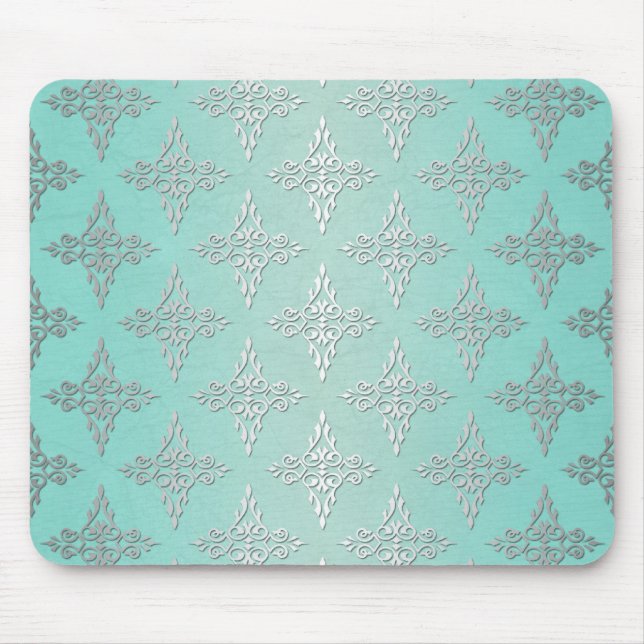 Mousepad Padrão Damask em Verde Água e Branco Prateado (Frente)