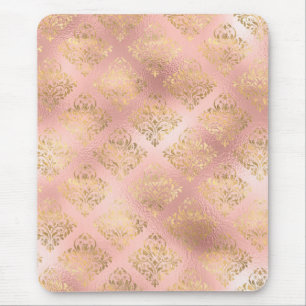 Mousepad Padrão Damask Glamour com Folha Dourada e Rosa Cla