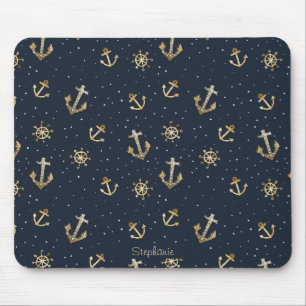 Mousepad Padrão de Âncora Dourada náutica e Helm no Azul