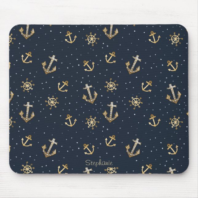 Mousepad Padrão de Âncora Dourada náutica e Helm no Azul (Frente)
