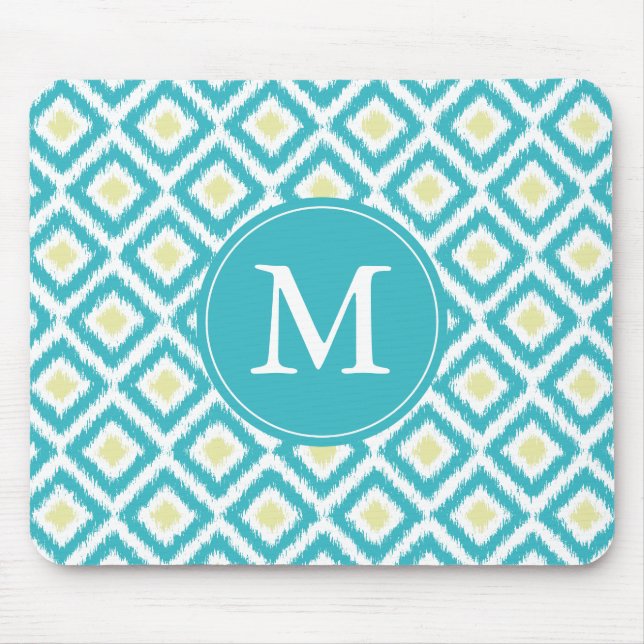 Mousepad Padrão de Aqua e Ikat Amarelo monograma (Frente)