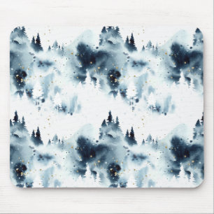 Mousepad Padrão de Aquarela da Floresta Azul da Meia-Noite